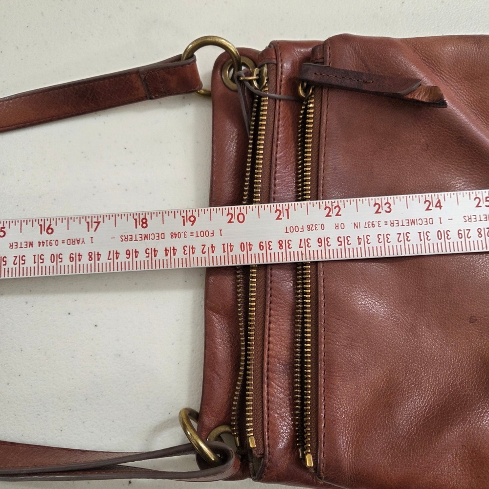 Margot New York Cognac Brown Genuine Leather Triple Zip Crossbody Bag Distressed - Picture 11 of 11